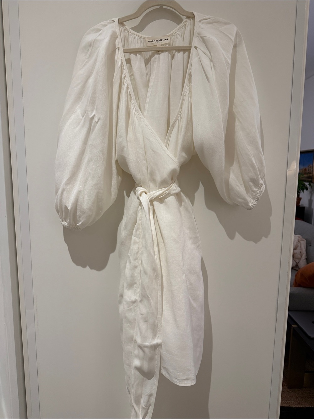 Mara Hoffman Linen White Puff-Sleeve Wrap Mini Dress